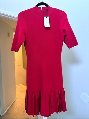 NWT Ted Baker Red Mock-Neck Short Sleeve Pleated-Hem Mini Dress